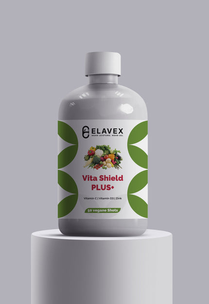 <strong>Vita Shield PLUS+ -           Zutaten : </strong>Gefiltertes Wasser, natürliche Fruchtsaftmischung aus Konzentraten (Orange, Apfel, Mandarine, Guave, Papaya, Limette, Mango, Ananas, Traube), Vitamin C, Zink, natürliches Orangenaroma, Citronensäure, Süßungsmittel (Saccharose), Vitamin D (vegan, aus Flechten), Konservierungsmittel (Kaliumsorbat, Natriumbenzoat), Beta-Carotin. 100 % natürliches Aroma & Farbe.